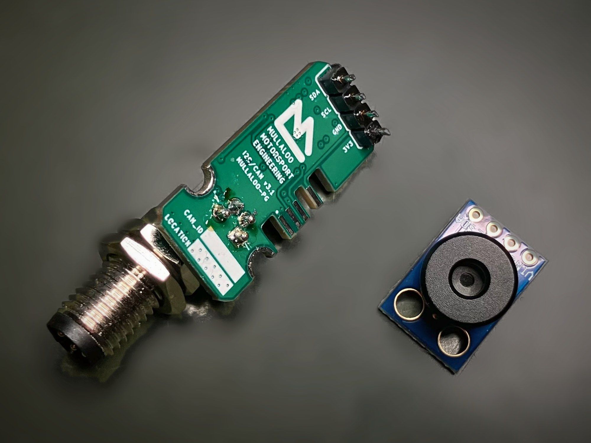 Iris v3.1 circuit board with the Mullaloo Motorsport logo, next to the infrared sensor module