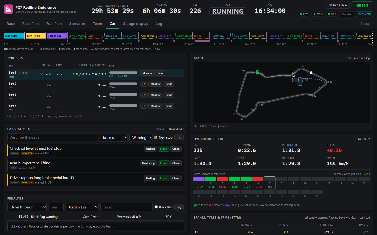 Car tab with tyre sets, car issues, penalties, live timing and brake and tyre temperatures