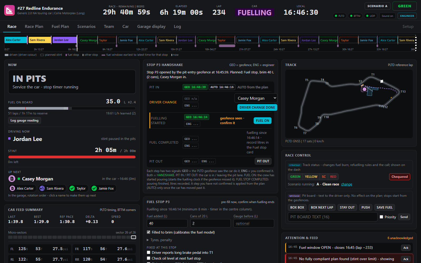 Pit mode with the stop handshake, pit lane timers and the stop log
