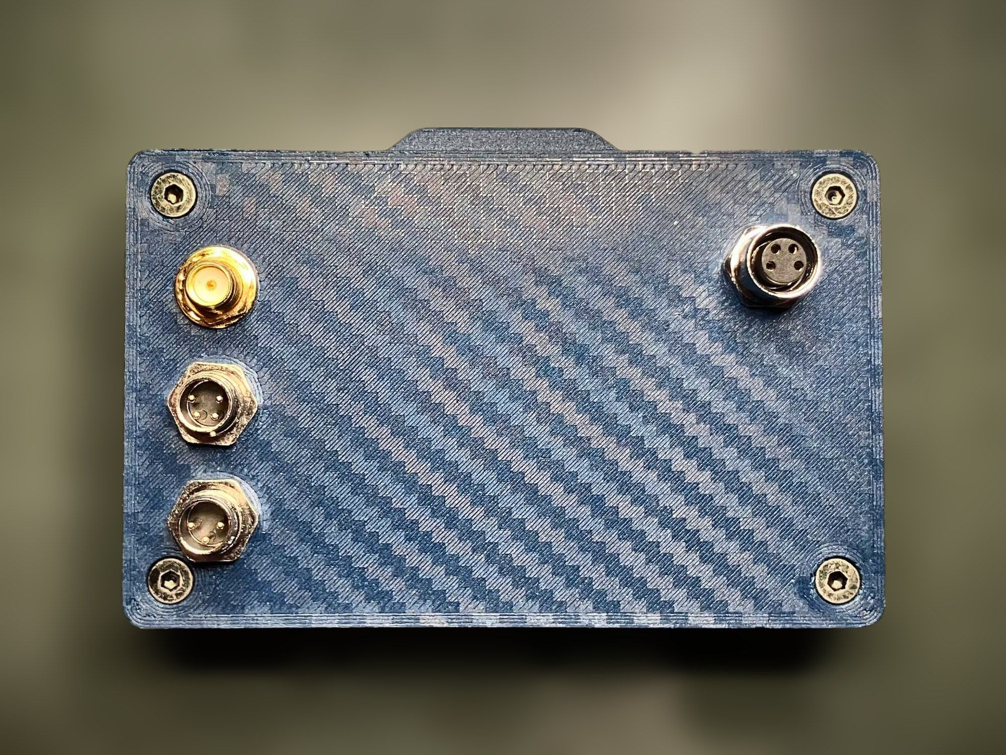 Rear panel of the Sentinel v1.4 prototype with an SMA antenna connector, two circular connectors and a socket